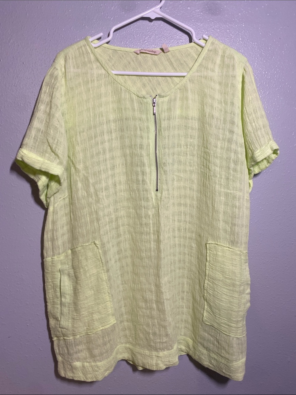 Soft Surroundings Light Yellow Short-Sleeve Zip Tunic with Pockets